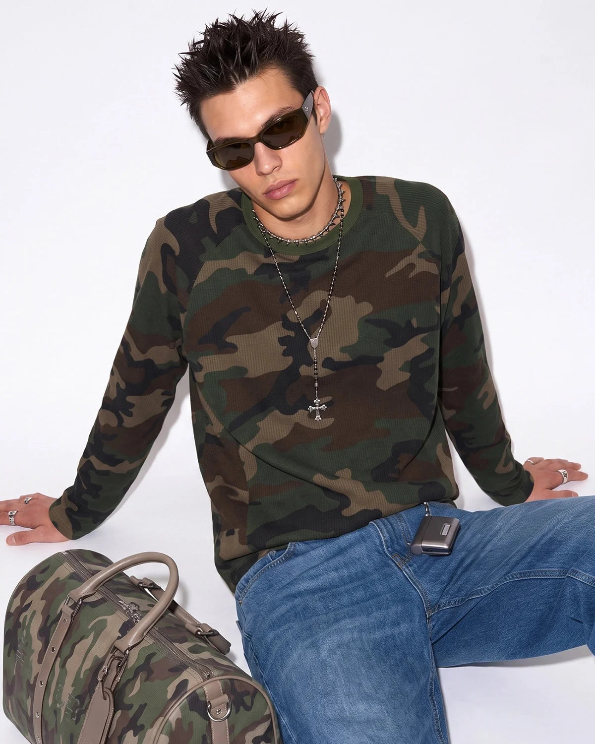 Omygoods Camo Waffle Long Sleeve T-Shirt