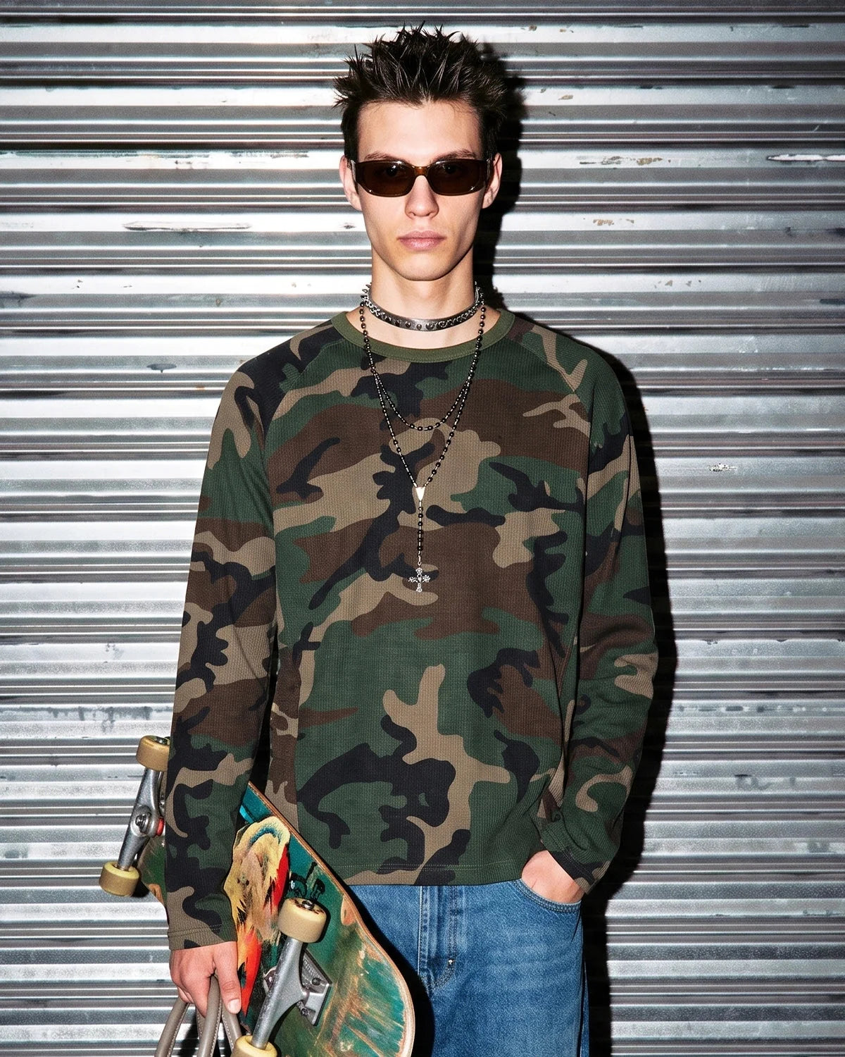 Omygoods Camo Waffle Long Sleeve T-Shirt