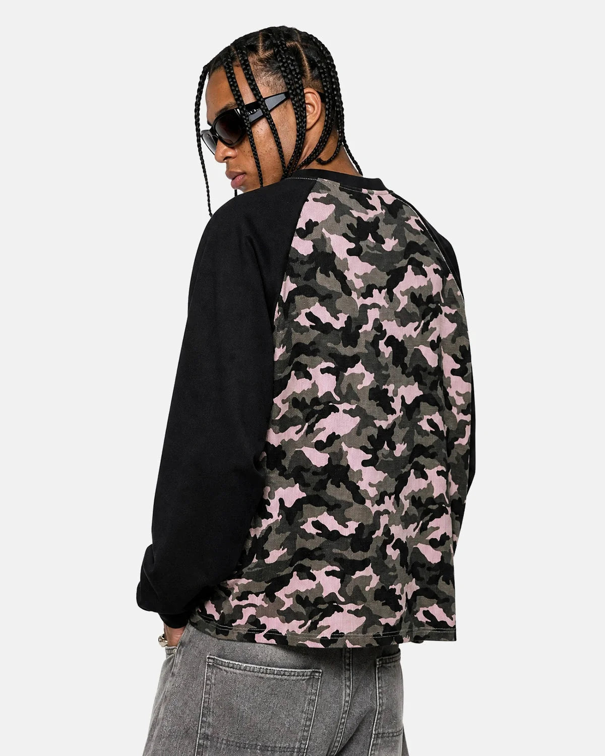 Omygoods Camo Waffle Raglan Long Sleeve T-Shirt