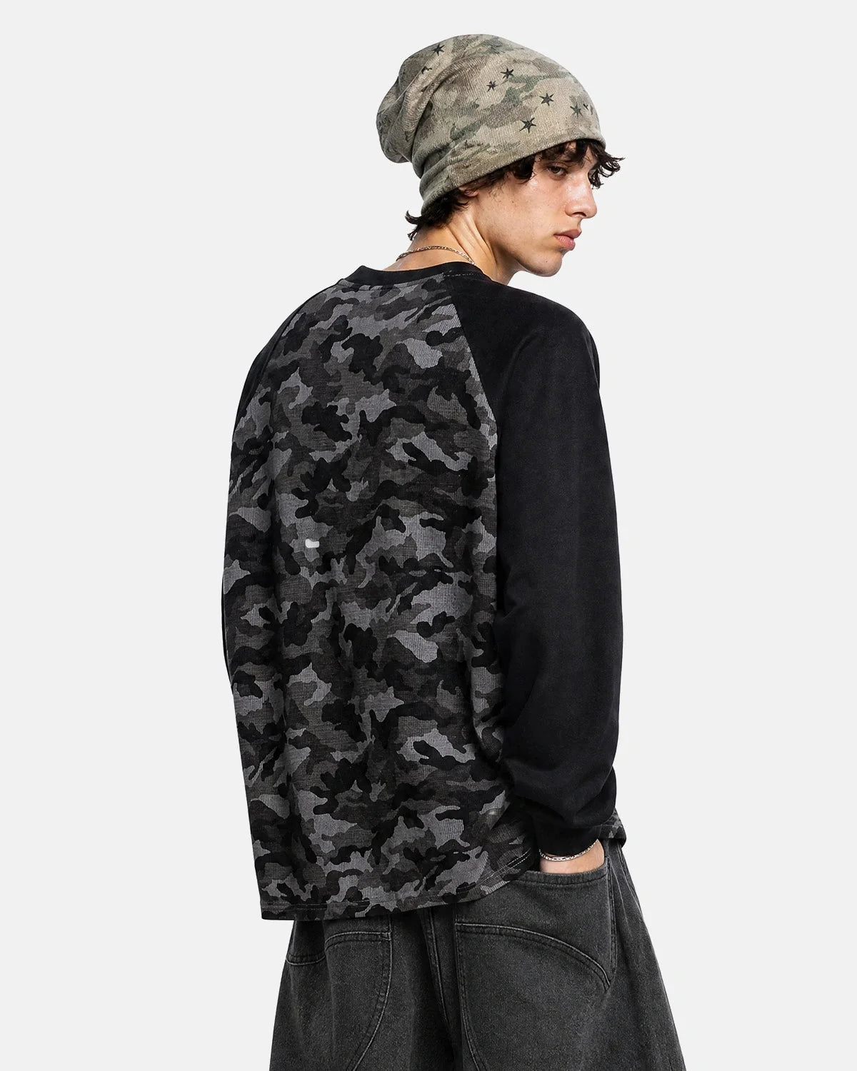 Omygoods Camo Waffle Raglan Long Sleeve T-Shirt