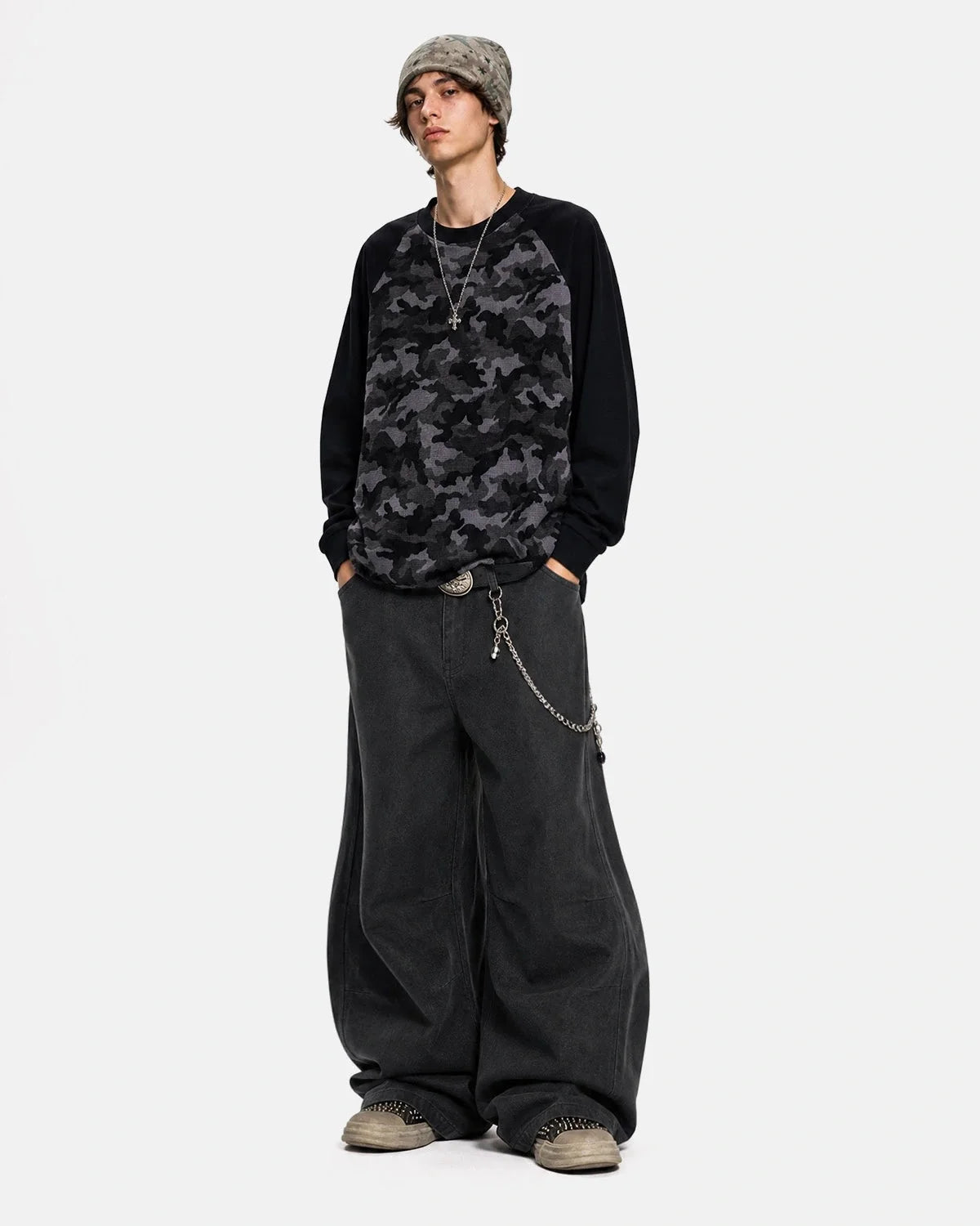 Omygoods Camo Waffle Raglan Long Sleeve T-Shirt