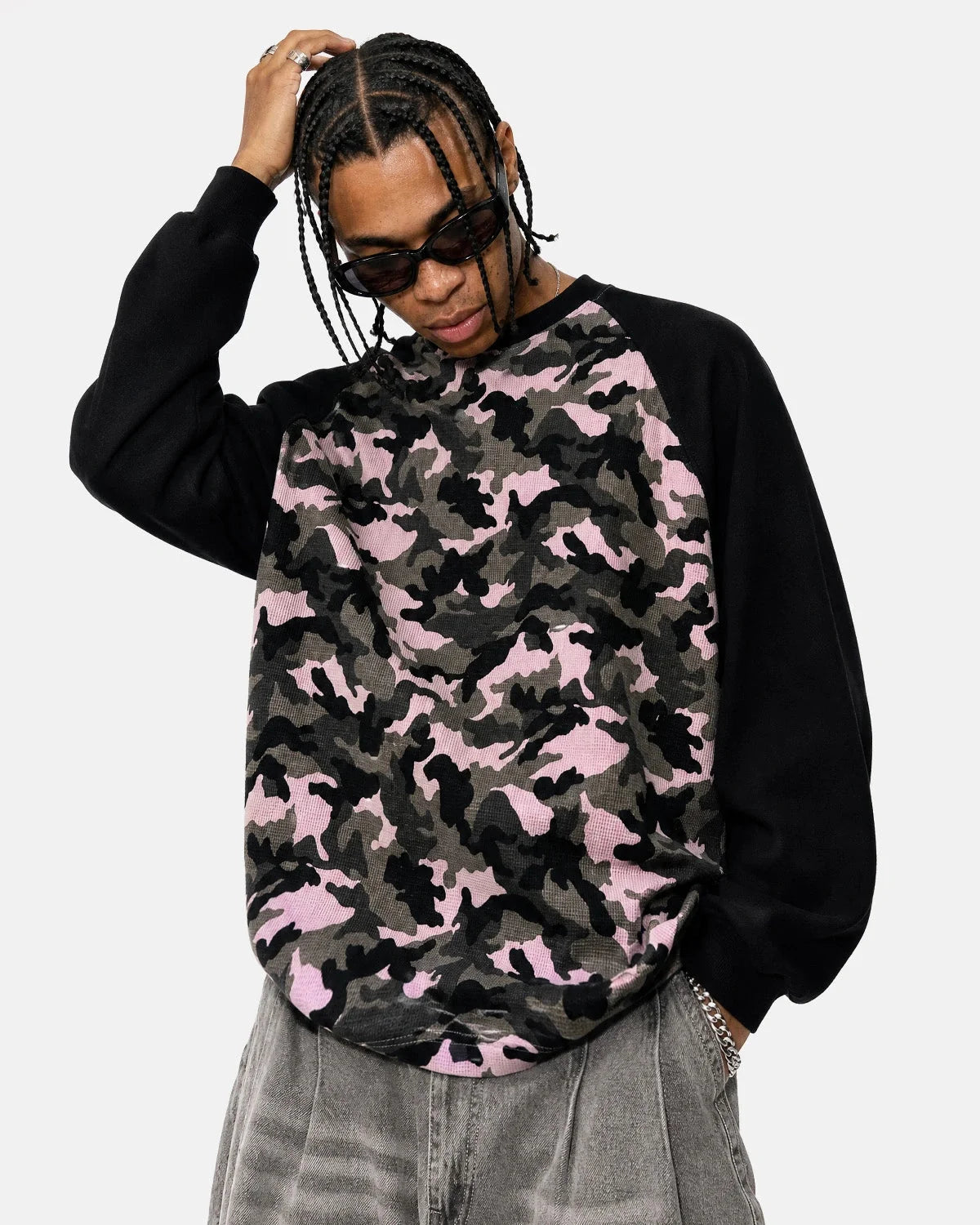 Omygoods Camo Waffle Raglan Long Sleeve T-Shirt