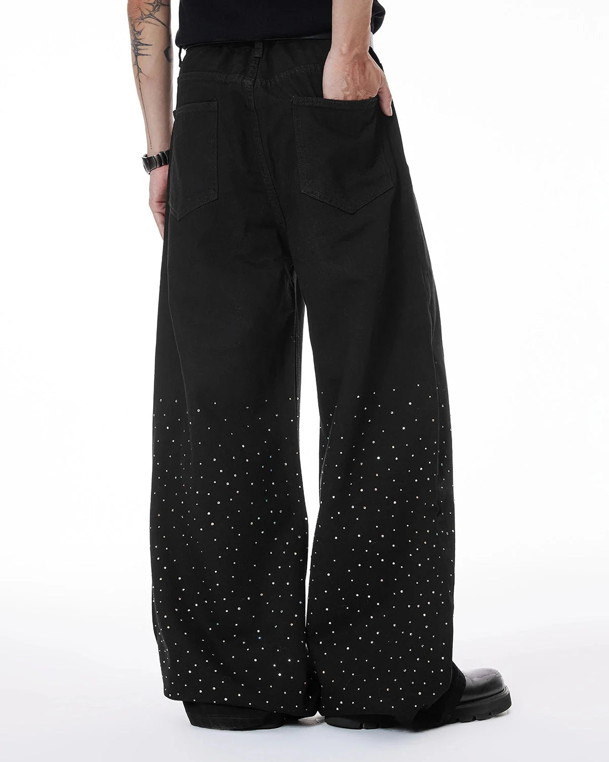 Omygoods Chill Wide Leg Rhinestone Denim Pants