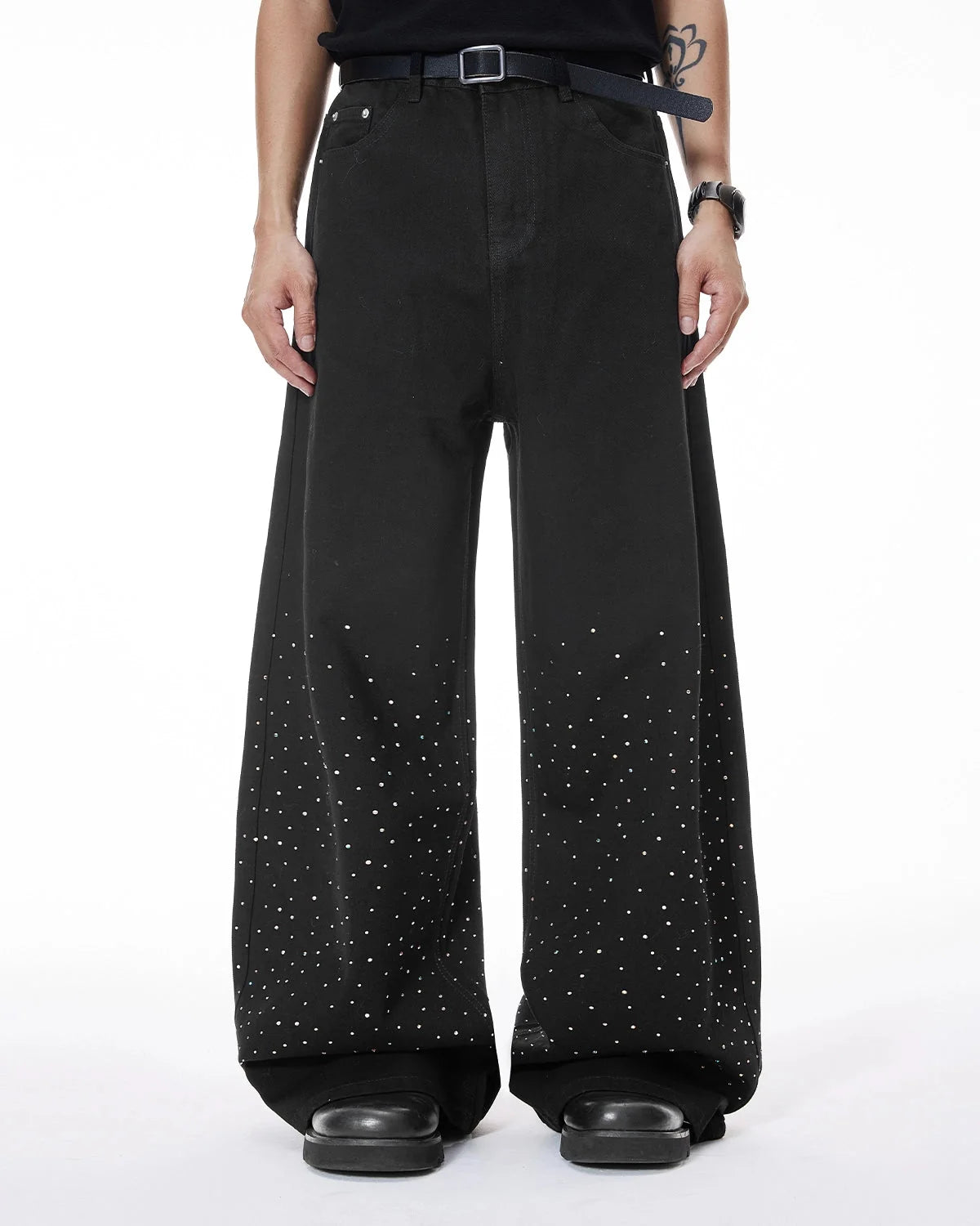 Omygoods Chill Wide Leg Rhinestone Denim Pants