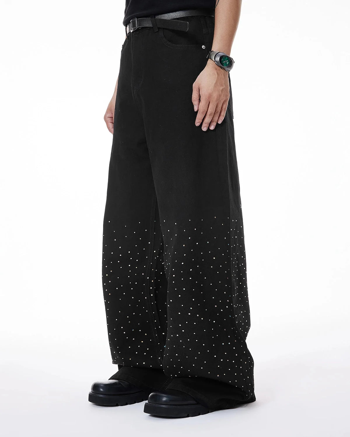 Omygoods Chill Wide Leg Rhinestone Denim Pants