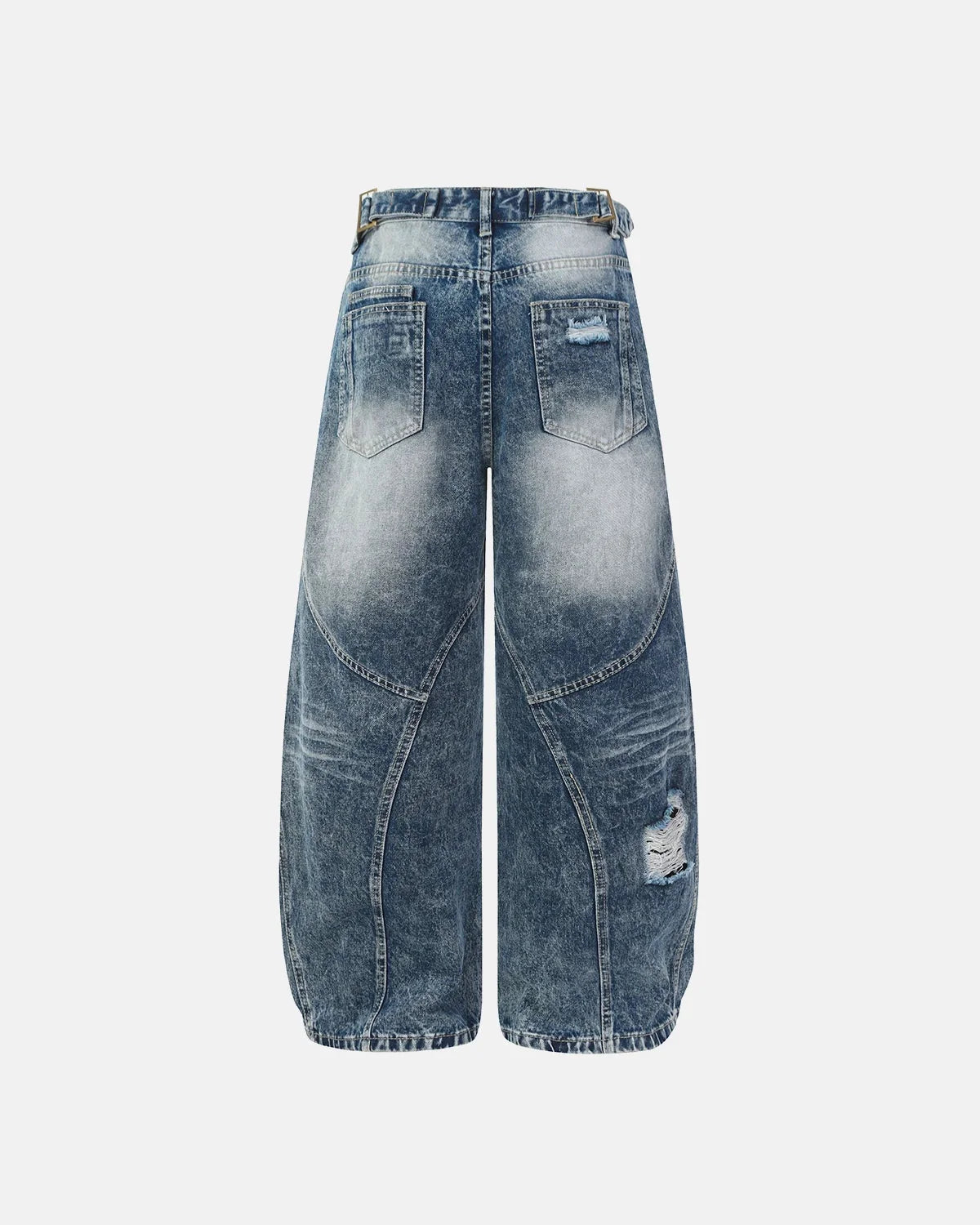 Omygoods Cinch Back Deconstructed Distressed Barrel Jeans