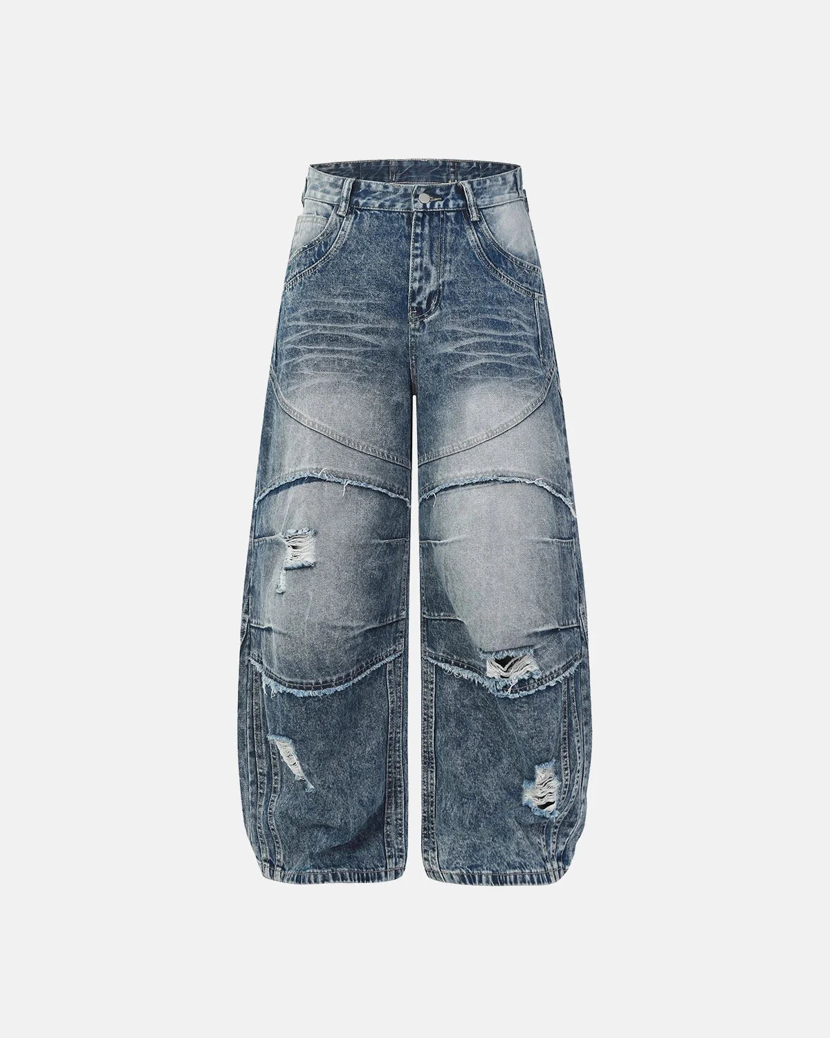 Omygoods Cinch Back Deconstructed Distressed Barrel Jeans
