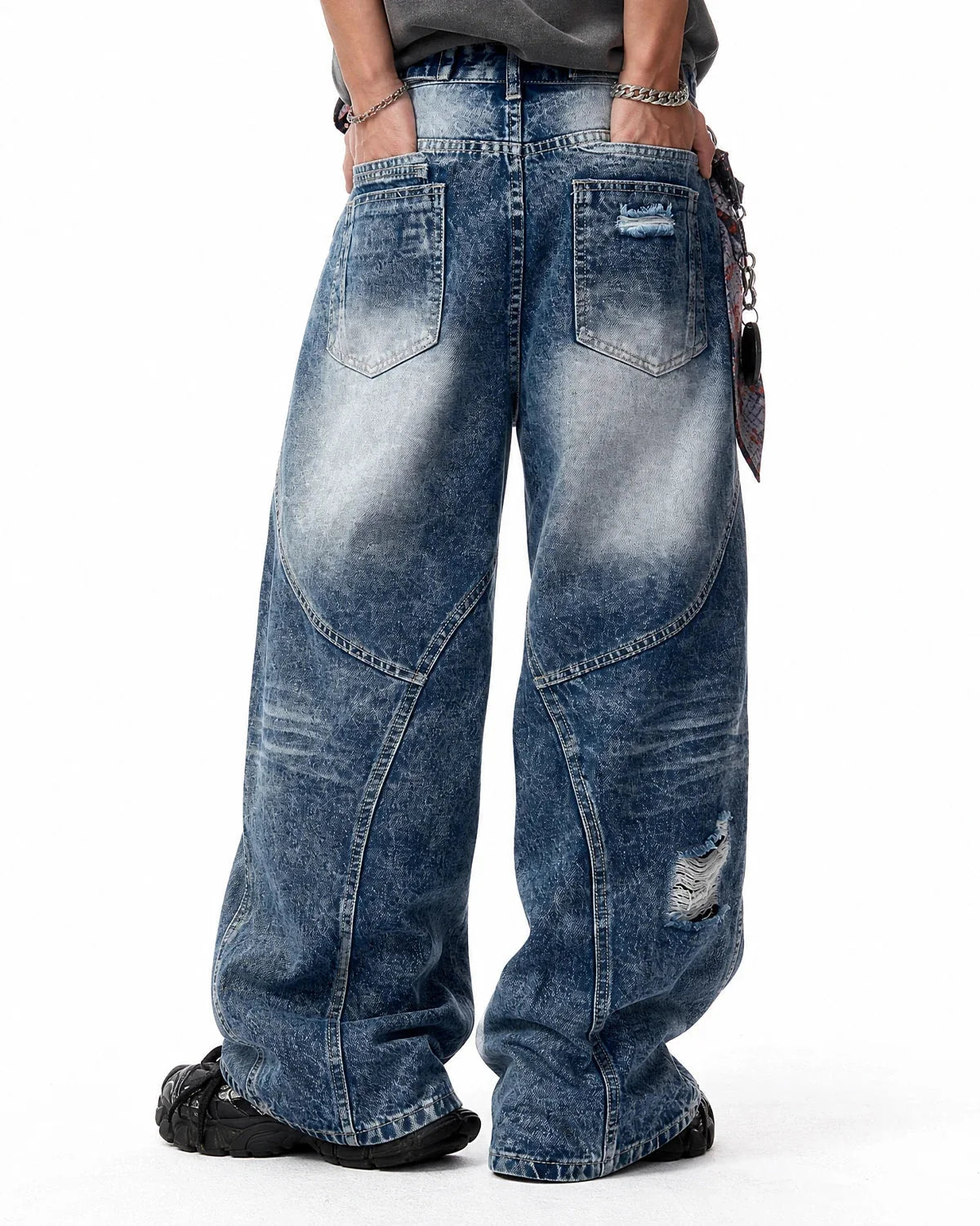 Omygoods Cinch Back Deconstructed Distressed Barrel Jeans