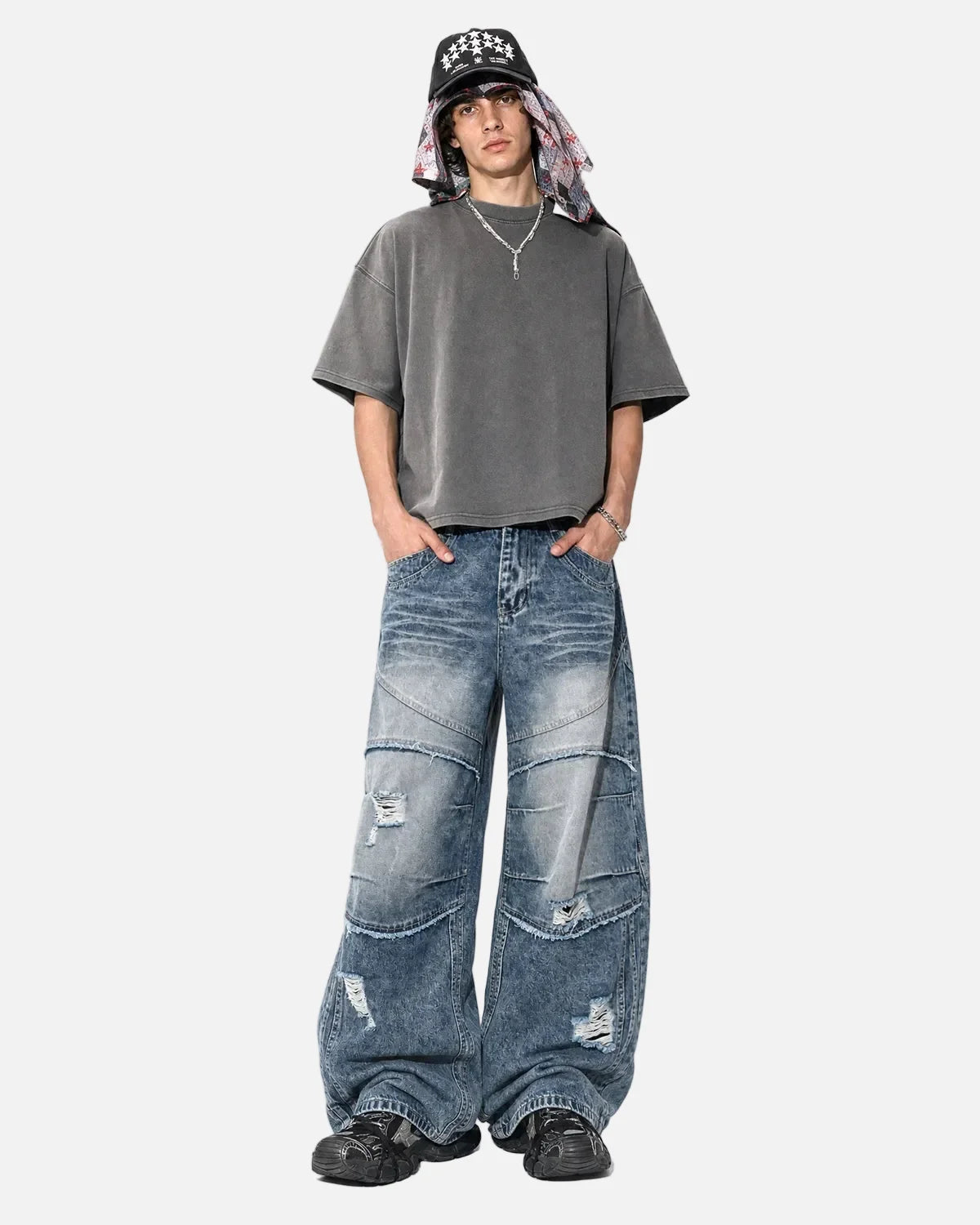 Omygoods Cinch Back Deconstructed Distressed Barrel Jeans