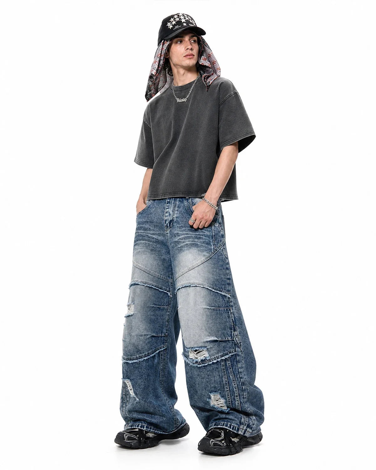 Omygoods Cinch Back Deconstructed Distressed Barrel Jeans