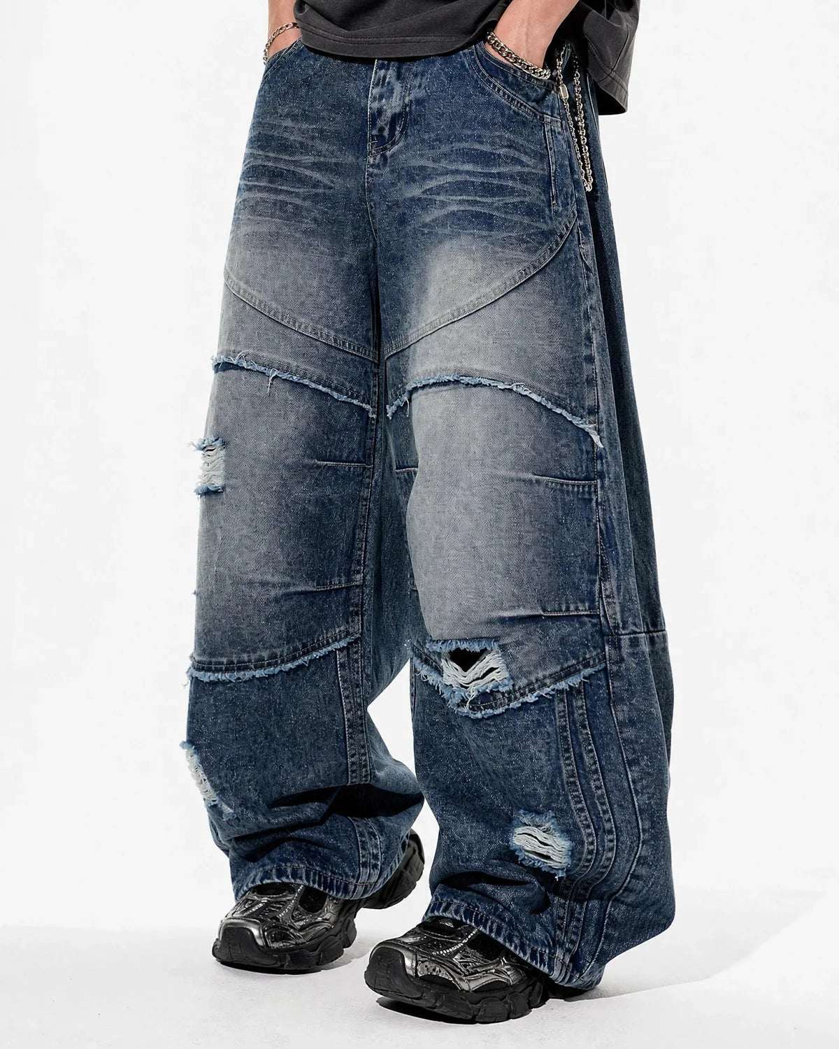 Omygoods Cinch Back Deconstructed Distressed Barrel Jeans