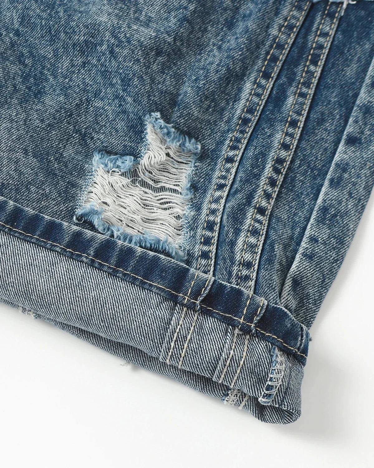 Omygoods Cinch Back Deconstructed Distressed Barrel Jeans