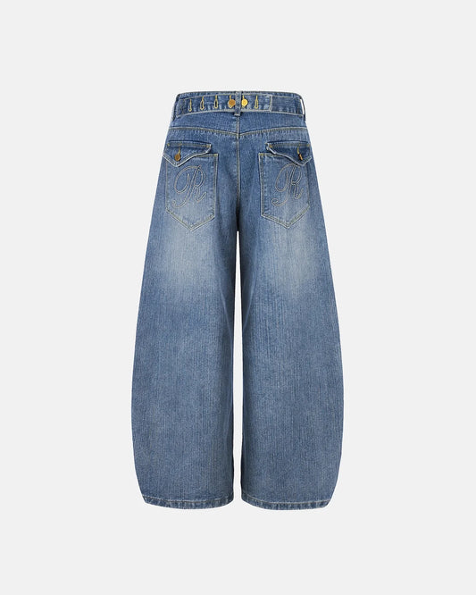 Omygoods Cinch Back Washed Bamboo Weave Baggy Jeans