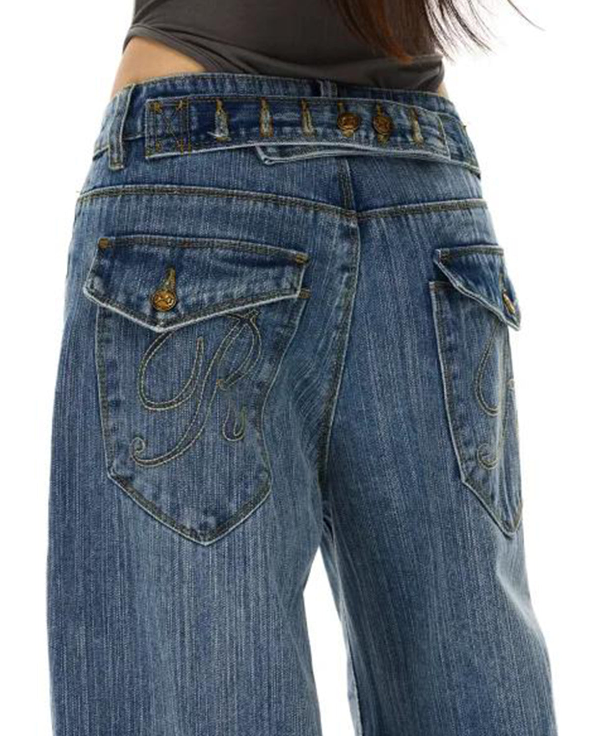 Omygoods Cinch Back Washed Bamboo Weave Baggy Jeans