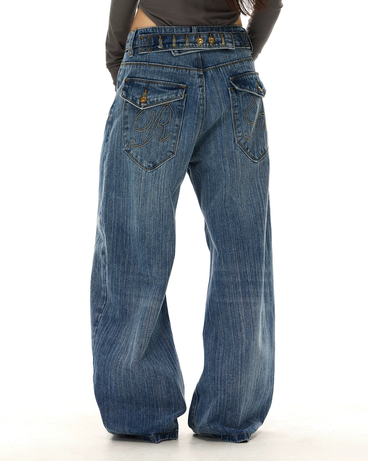 Omygoods Cinch Back Washed Bamboo Weave Baggy Jeans