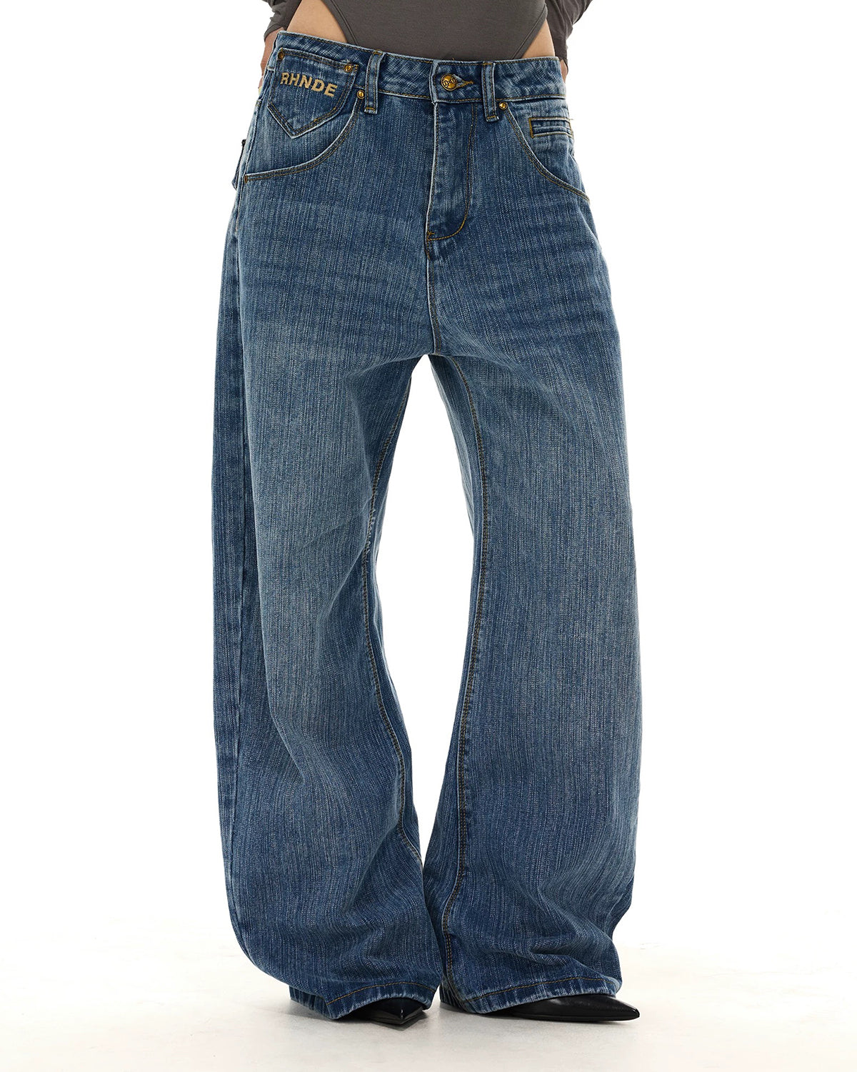 Omygoods Cinch Back Washed Bamboo Weave Baggy Jeans