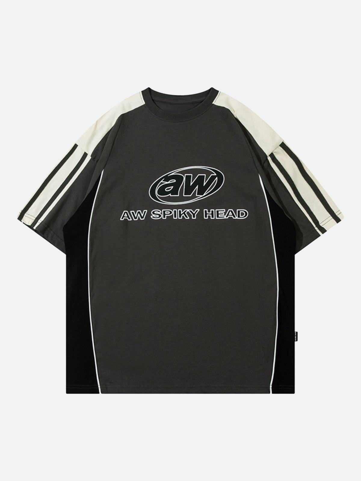 Omygoods Color-Blocked Strip Racing T-Shirt
