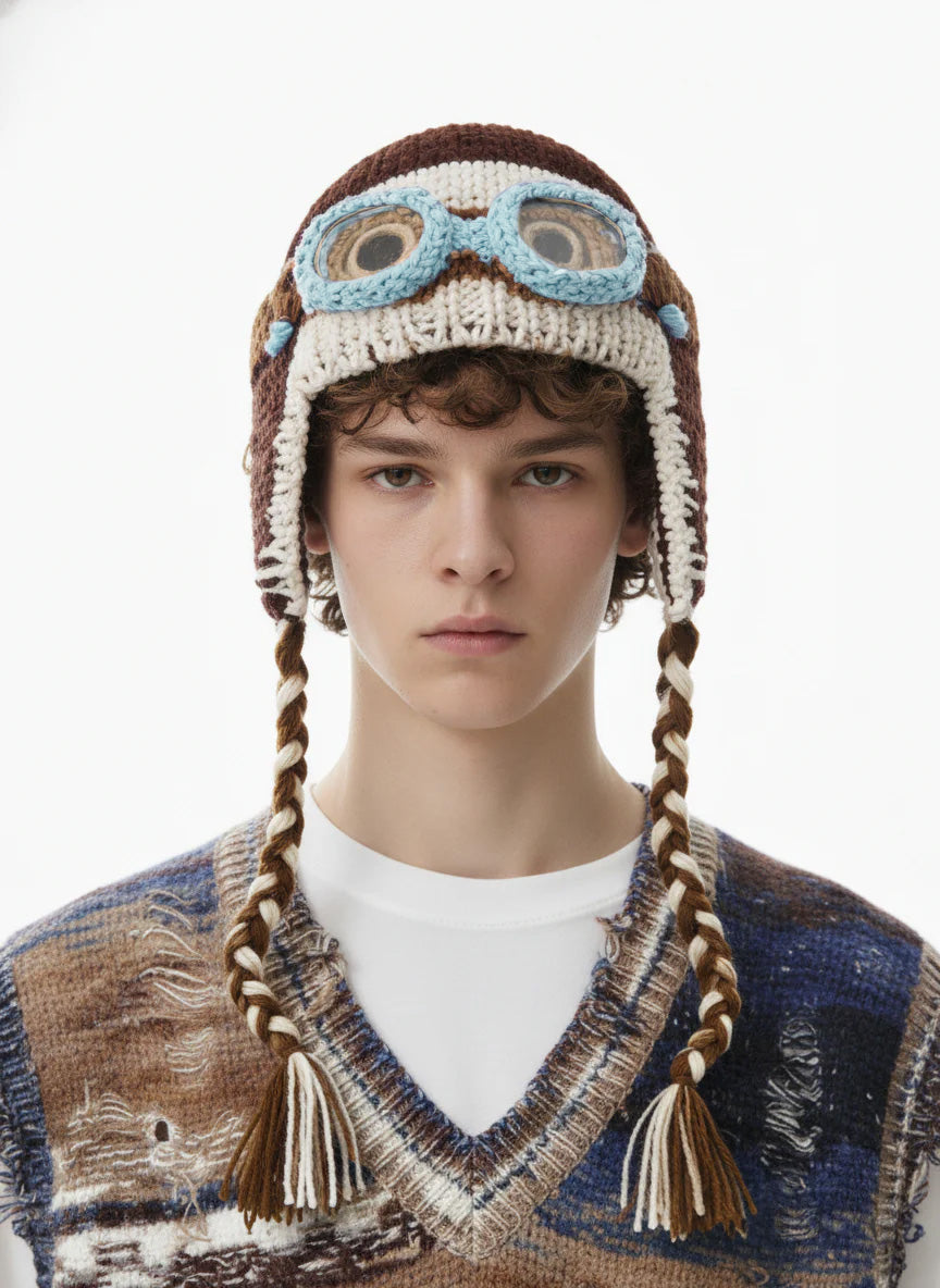 Omygoods Colorblock Crochet Goggles Trapper Hat
