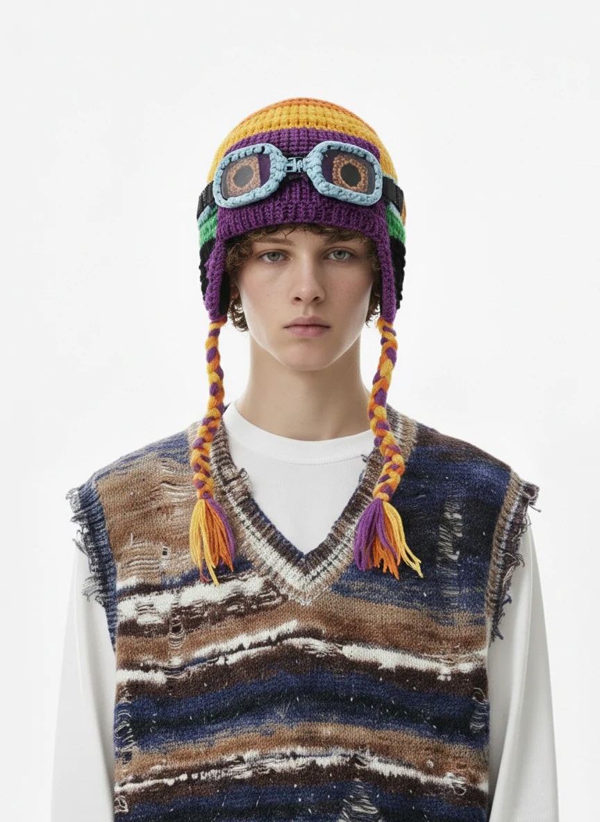 Omygoods Colorblock Crochet Goggles Trapper Hat