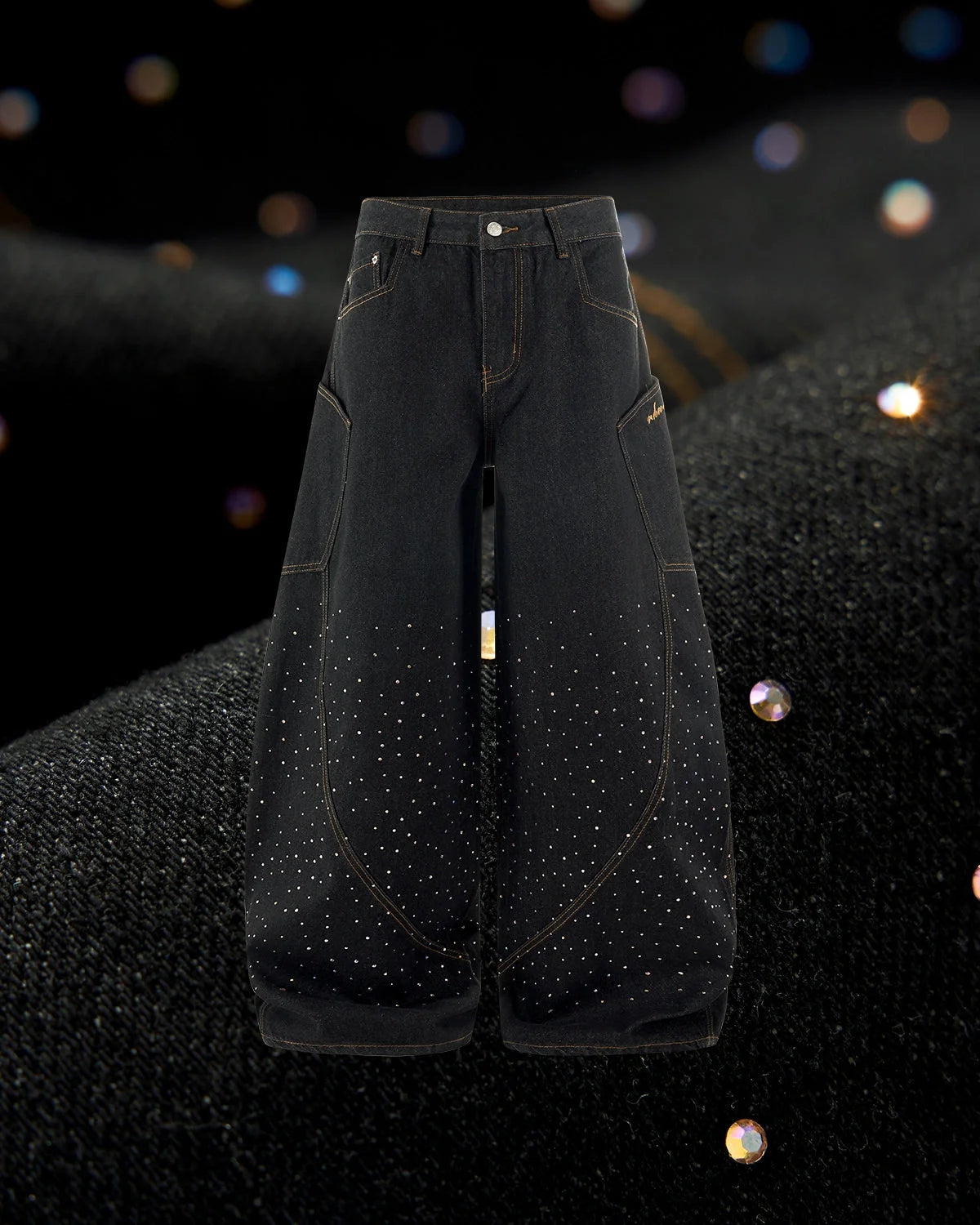 Omygoods Colorful Rhinestone Raw Barrel Jeans