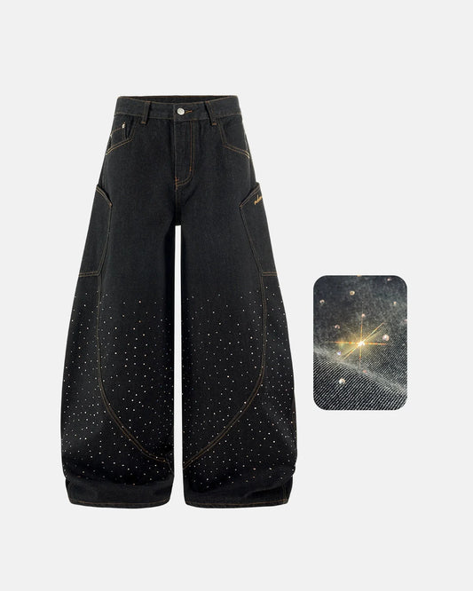 Omygoods Colorful Rhinestone Raw Barrel Jeans