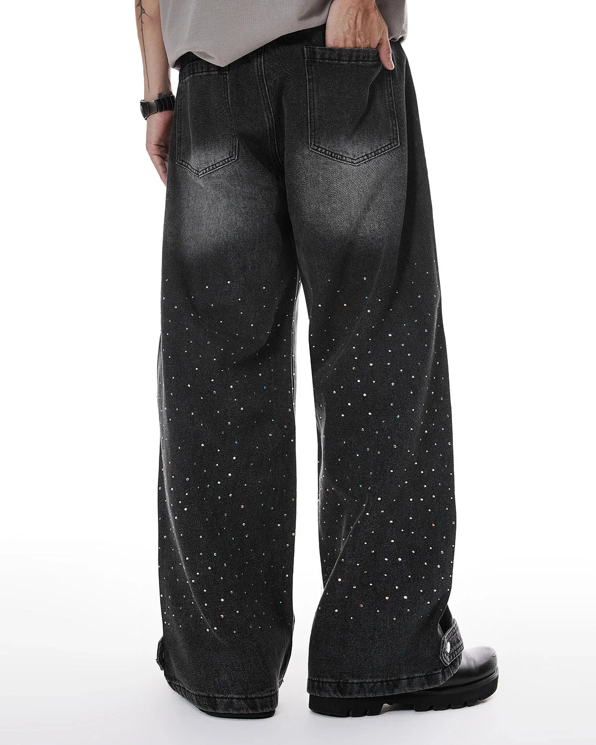 Omygoods Colorful Rhinestone Wash Baggy Jeans