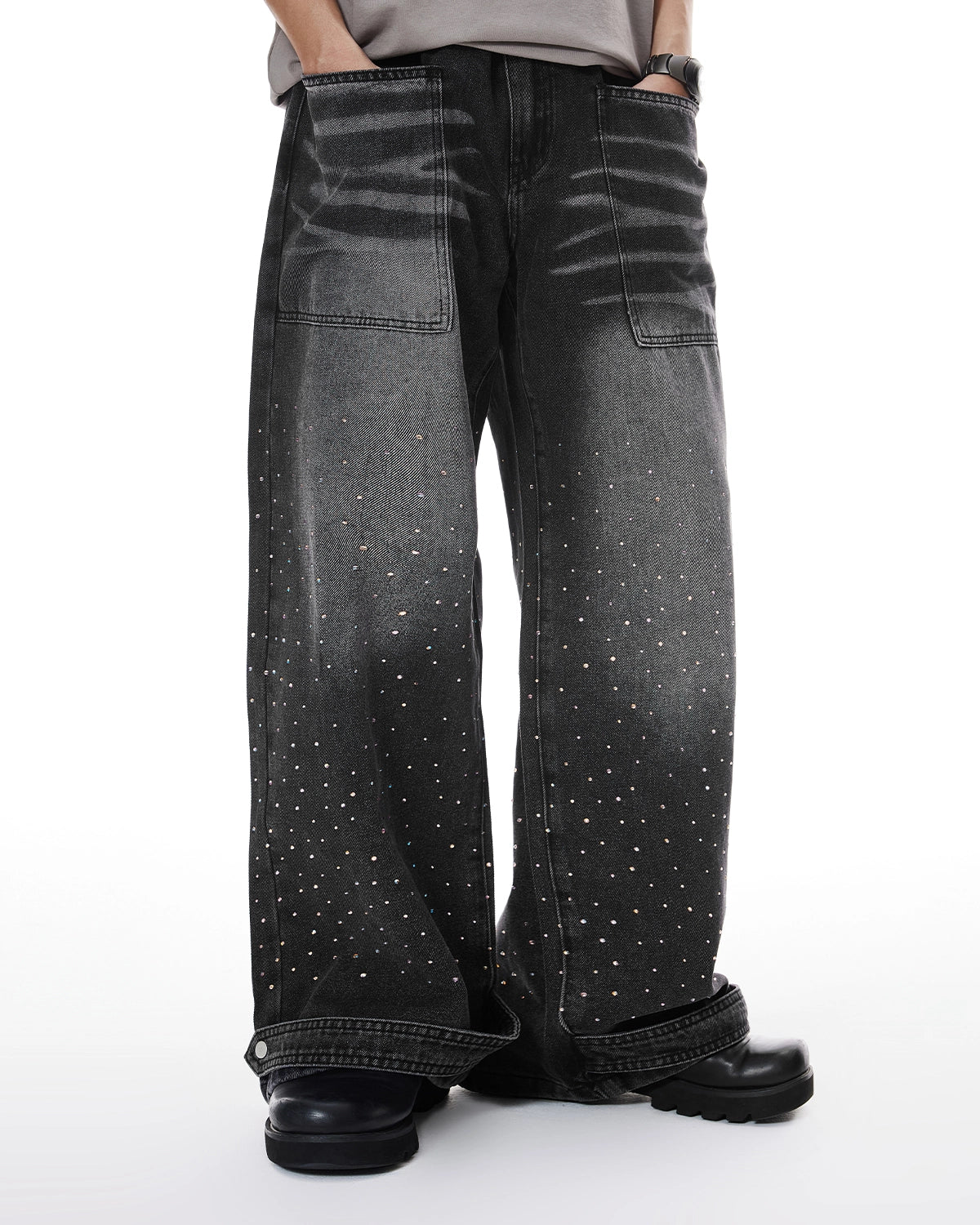 Omygoods Colorful Rhinestone Wash Baggy Jeans