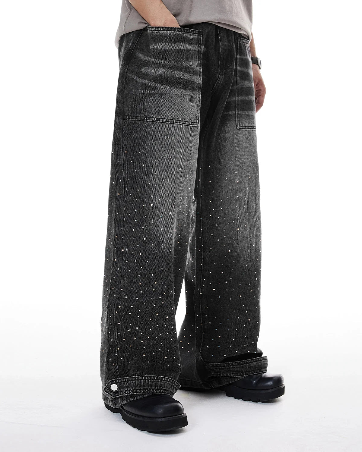 Omygoods Colorful Rhinestone Wash Baggy Jeans
