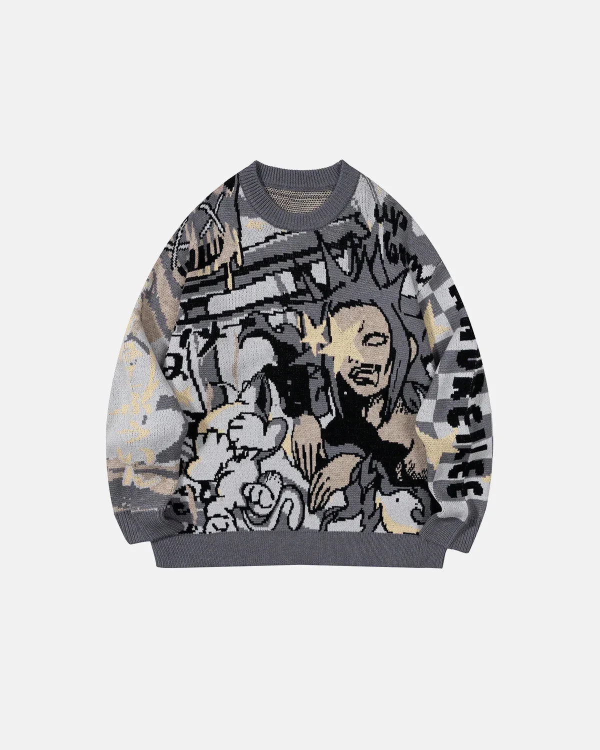Omygoods Comic Graphic Crew Neck Knit Sweater