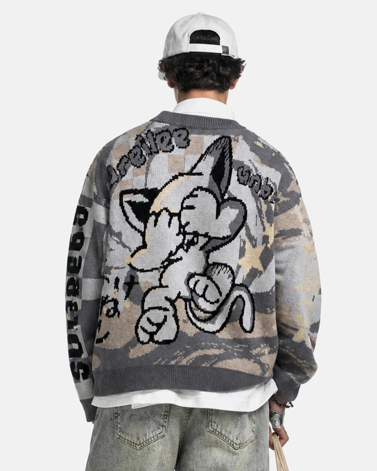 Omygoods Comic Graphic Crew Neck Knit Sweater