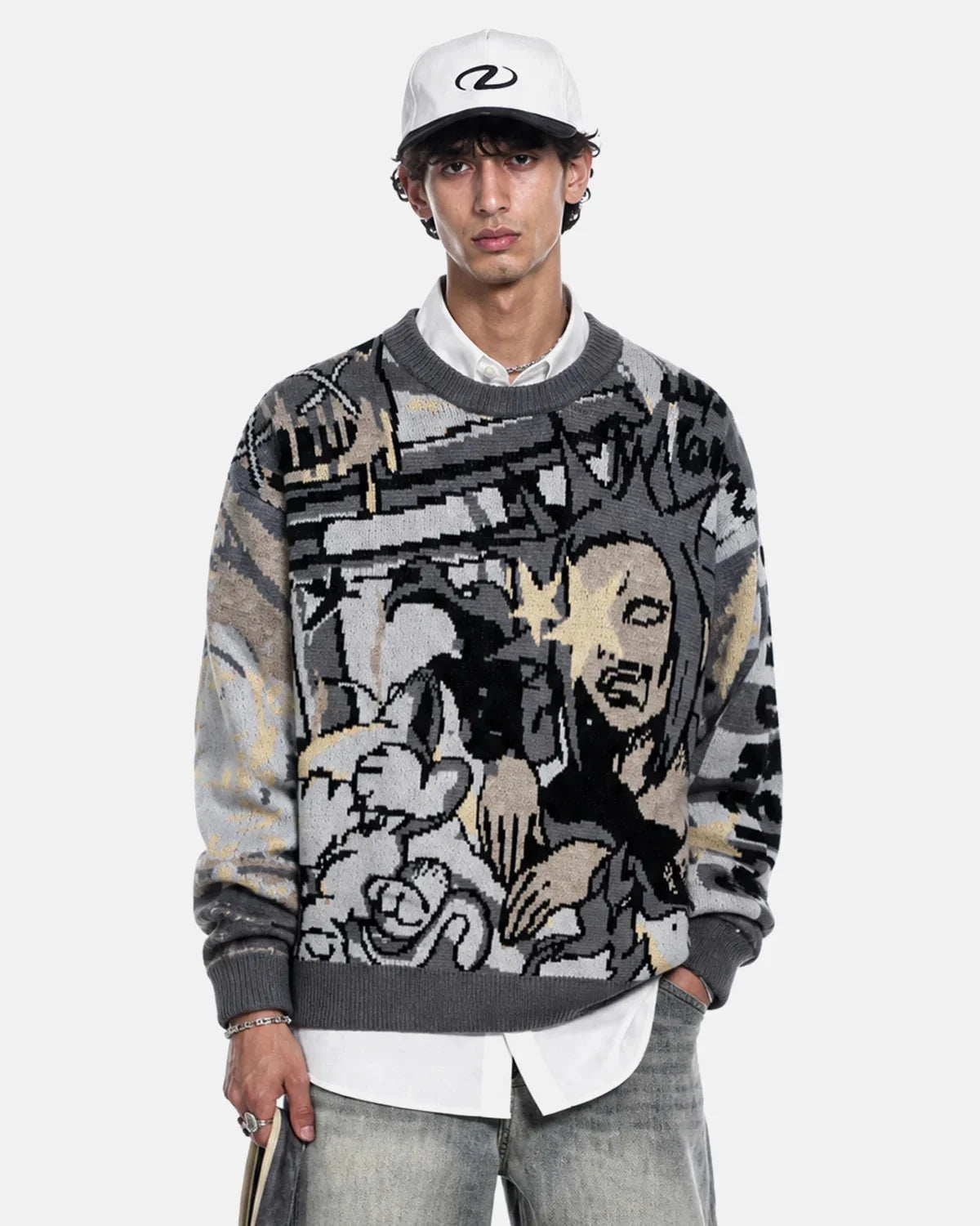 Omygoods Comic Graphic Crew Neck Knit Sweater