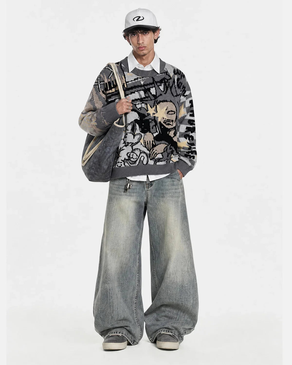Omygoods Comic Graphic Crew Neck Knit Sweater