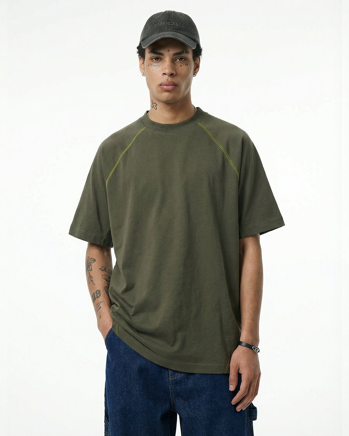 Omygoods Contrast Color Stiching Stretch T-Shirt
