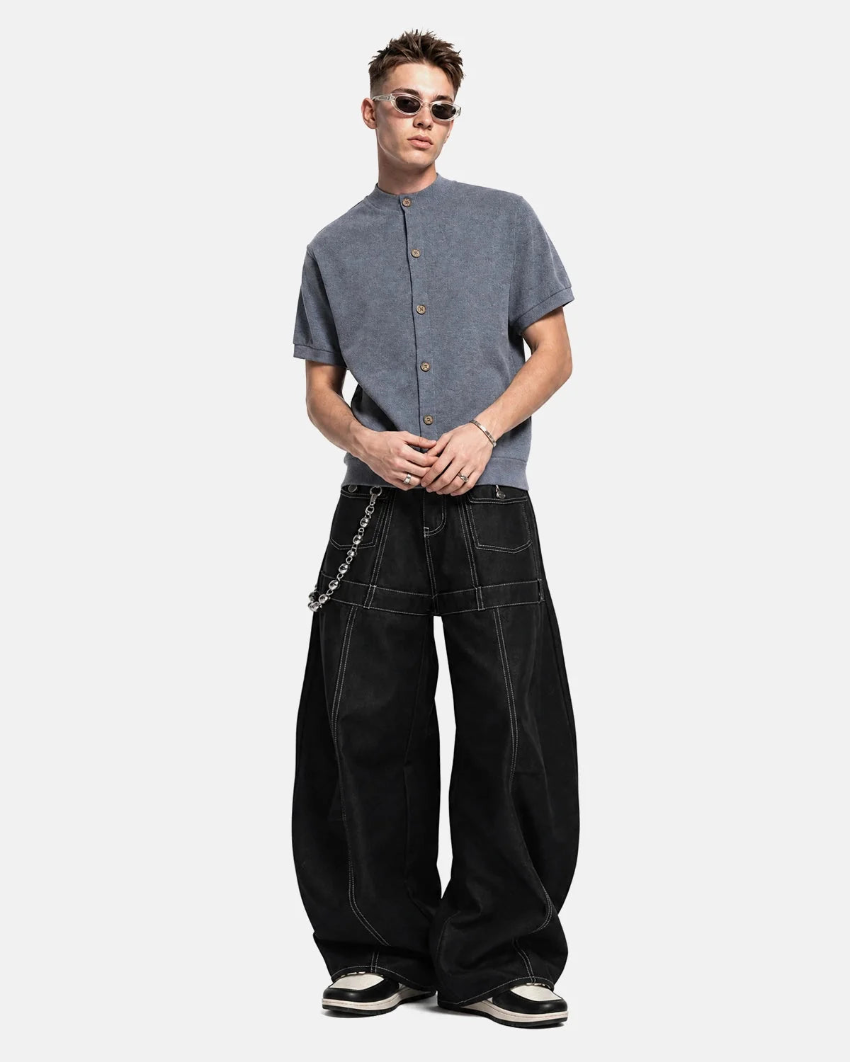 Omygoods Contrast Stitch Baggy Barrel Jeans