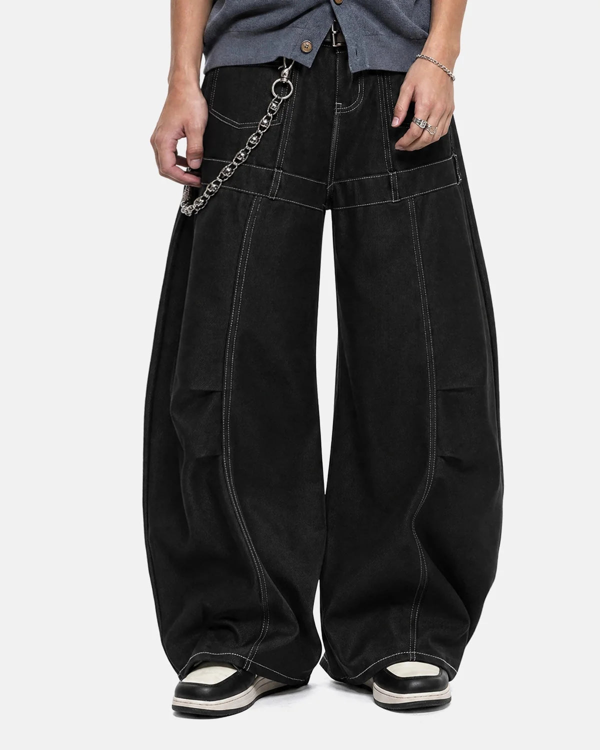 Omygoods Contrast Stitch Baggy Barrel Jeans