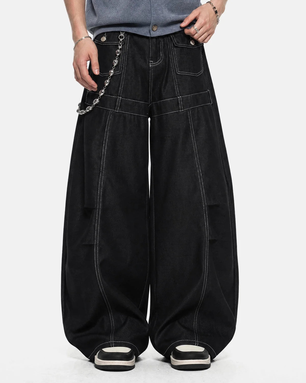 Omygoods Contrast Stitch Baggy Barrel Jeans
