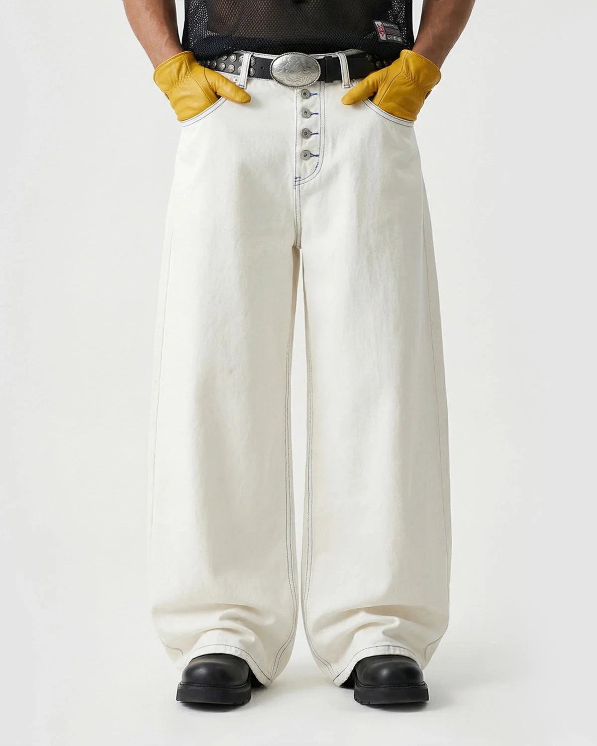 Omygoods Contrast Stitch Baggy Jeans