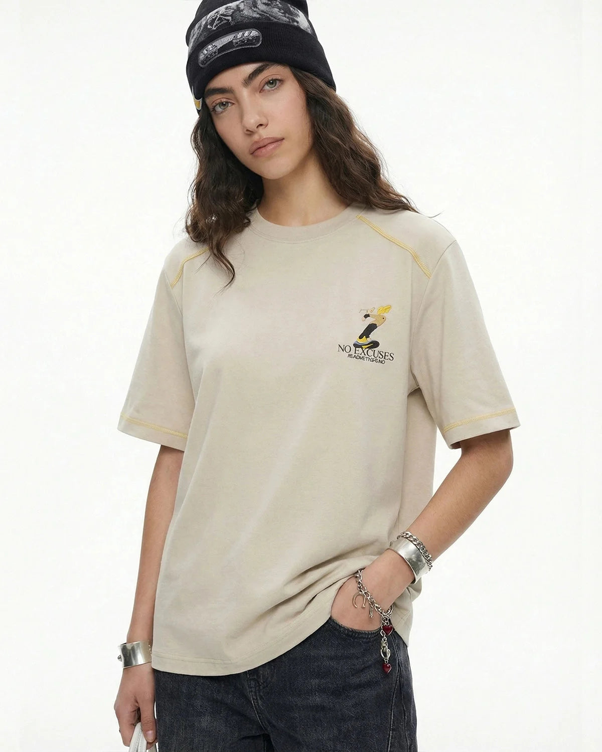 Omygoods Contrast Stitching Graphic Tee