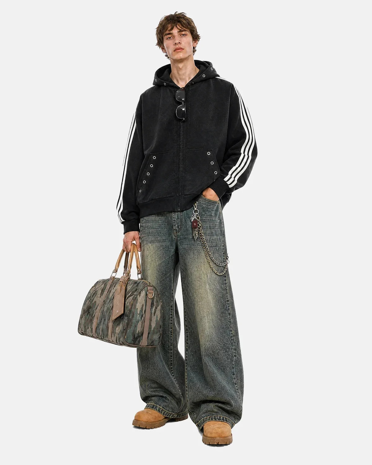 Omygoods Contrast Stripe Eyelet Boxy Zip Up Hoodie