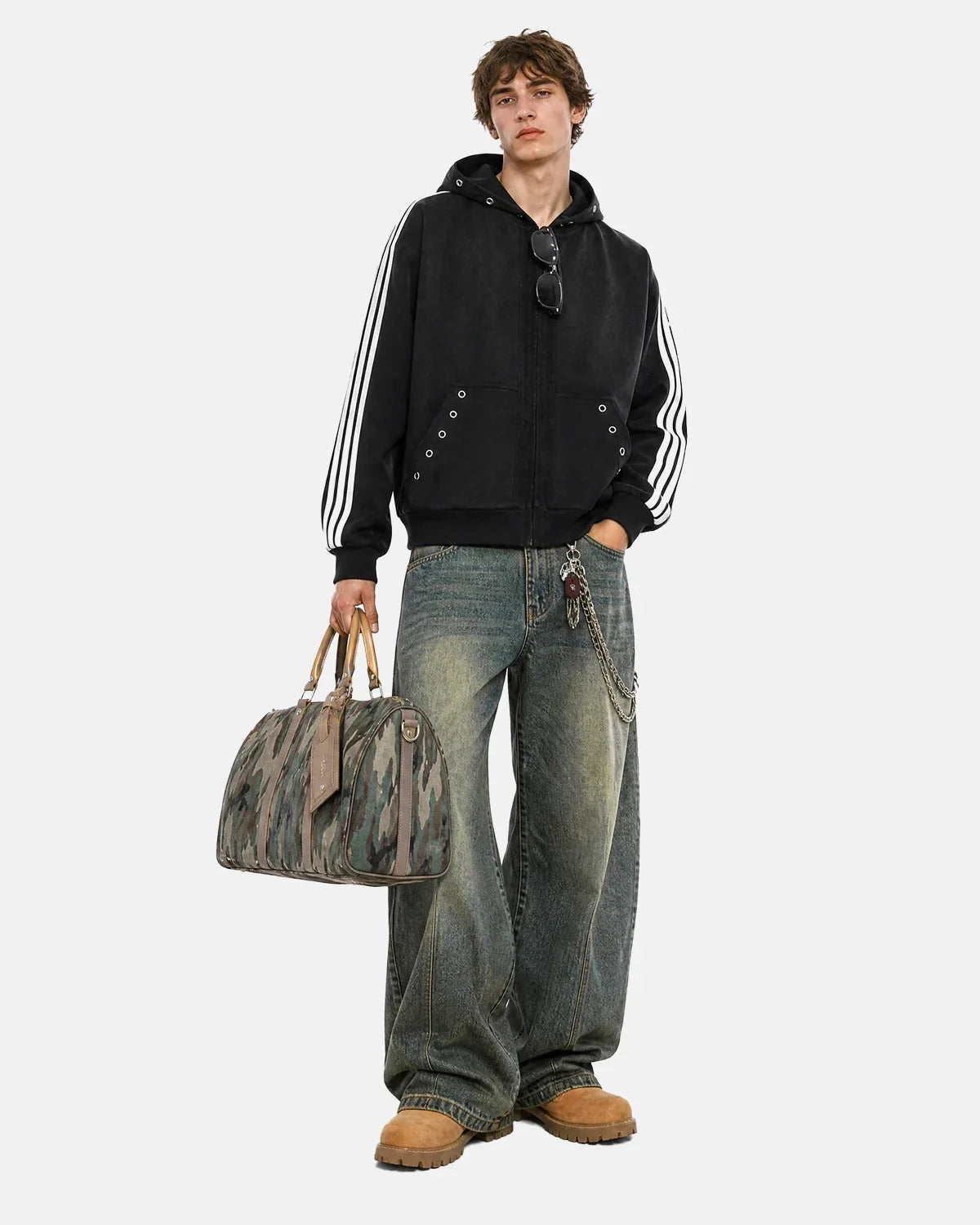 Omygoods Contrast Stripe Eyelet Boxy Zip Up Hoodie