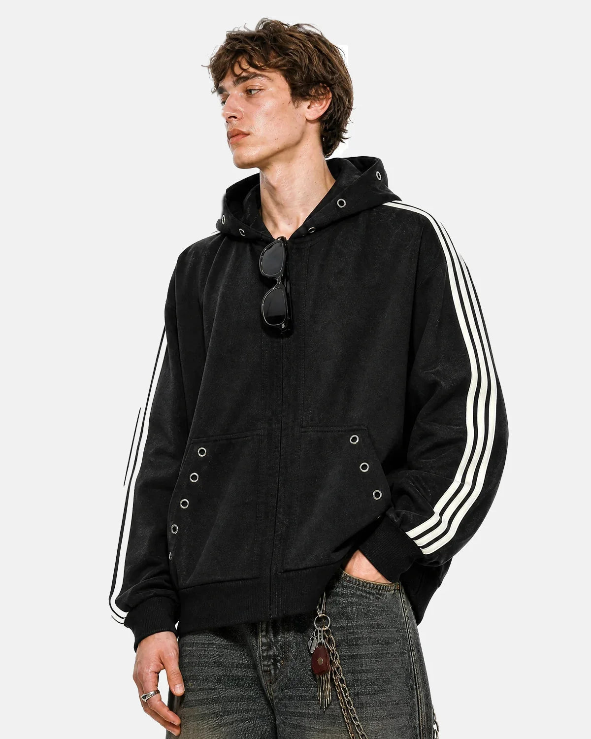 Omygoods Contrast Stripe Eyelet Boxy Zip Up Hoodie