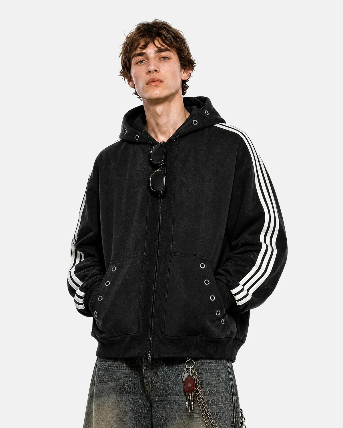 Omygoods Contrast Stripe Eyelet Boxy Zip Up Hoodie