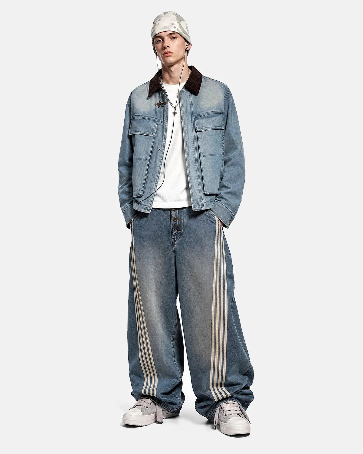 Omygoods Corduroy Collar Boxy Denim Jacket