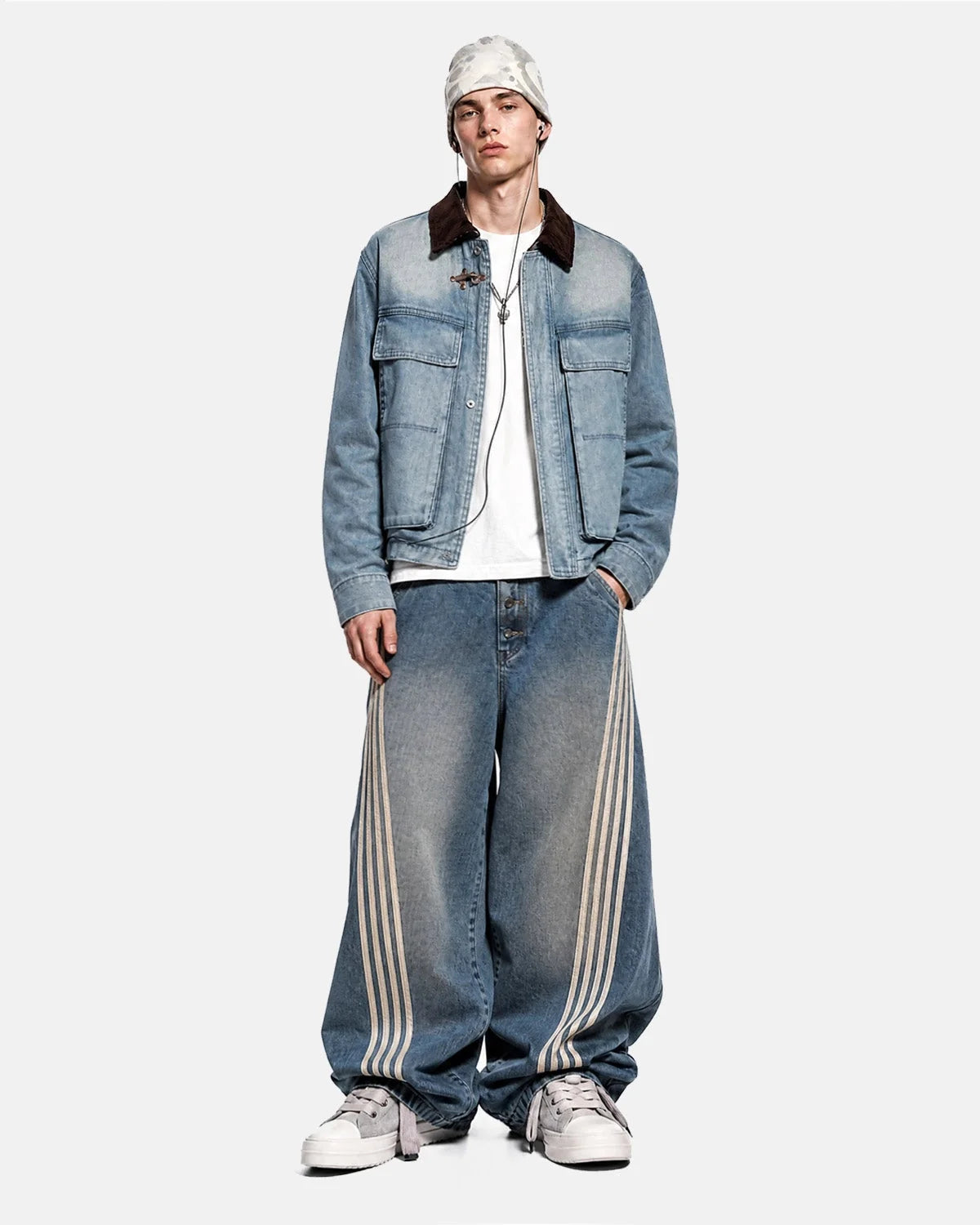 Omygoods Corduroy Collar Boxy Denim Jacket