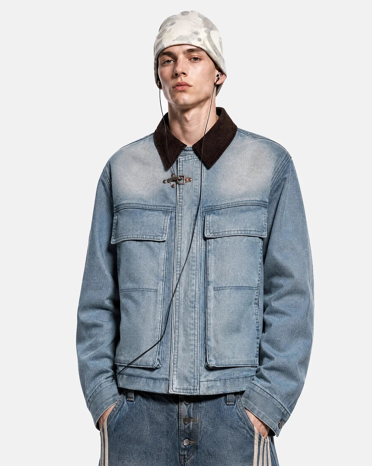 Omygoods Corduroy Collar Boxy Denim Jacket
