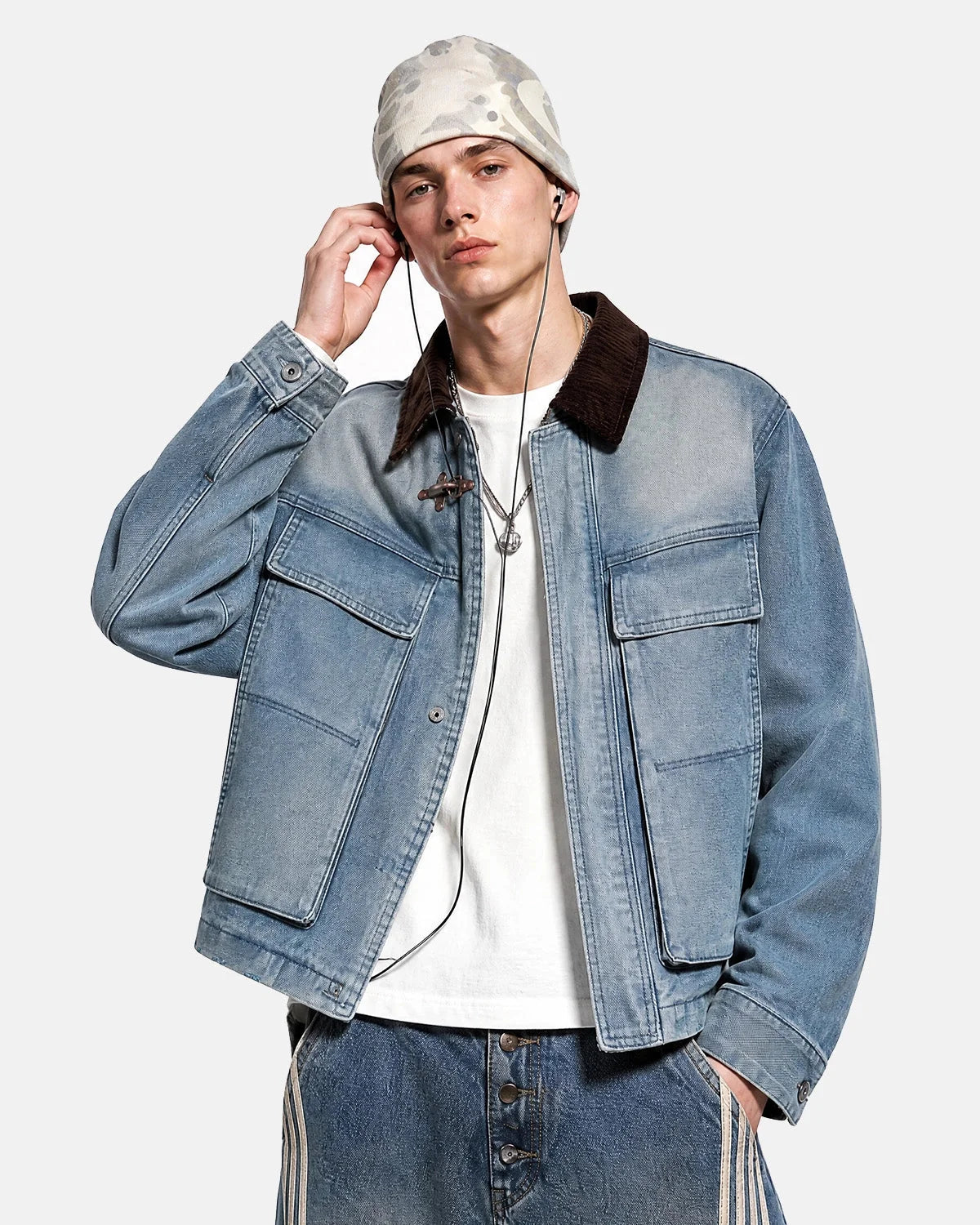 Omygoods Corduroy Collar Boxy Denim Jacket