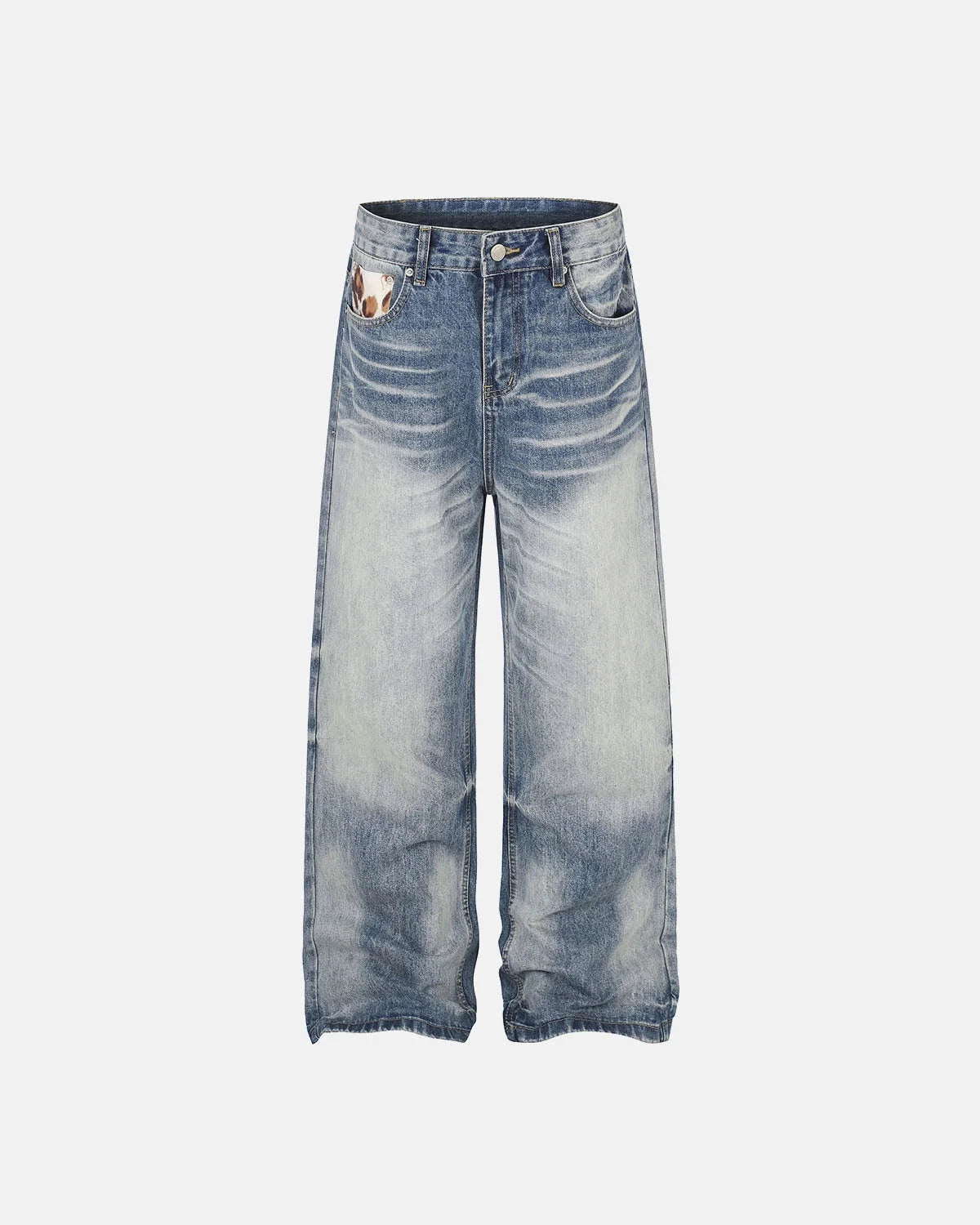 Omygoods Cow Print Patch Baggy Jeans