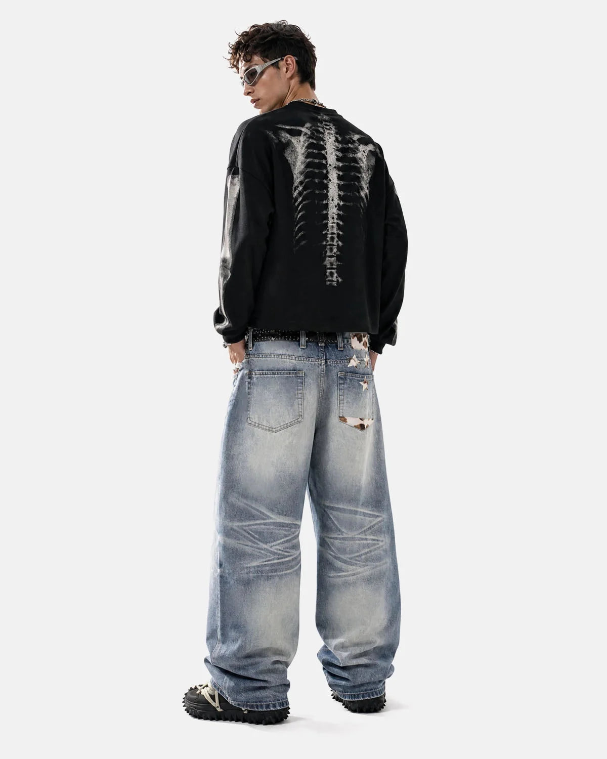 Omygoods Cow Print Patch Baggy Jeans