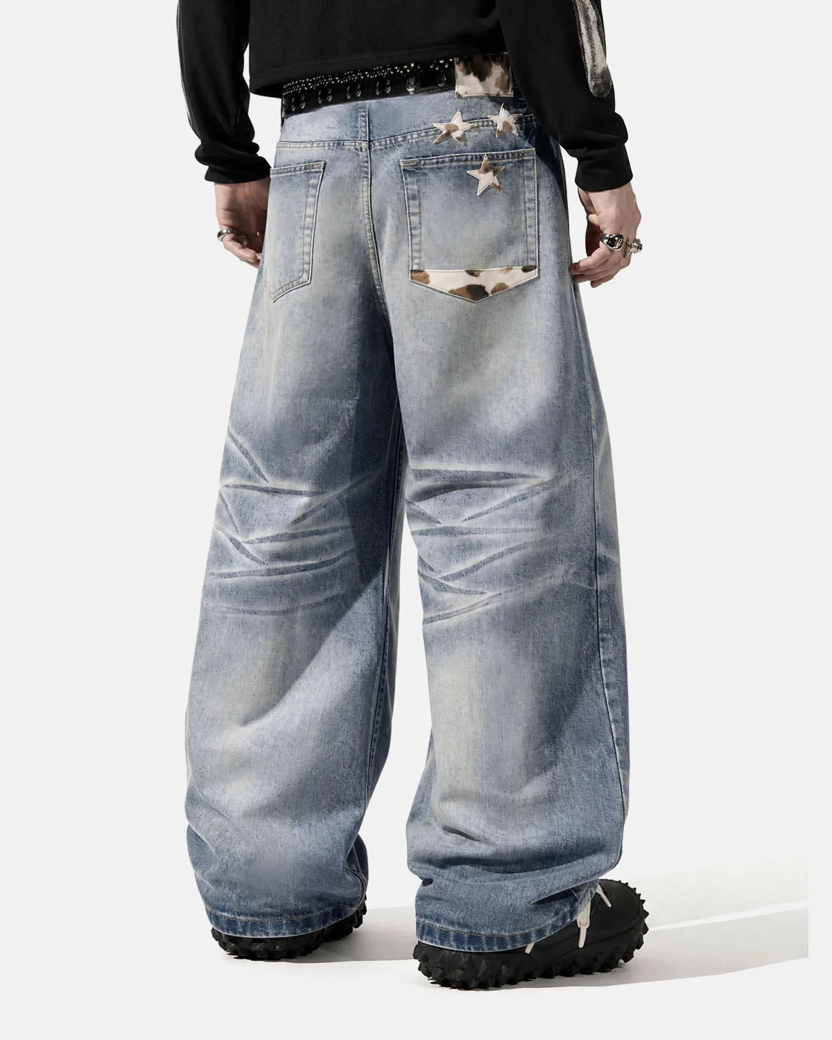 Omygoods Cow Print Patch Baggy Jeans