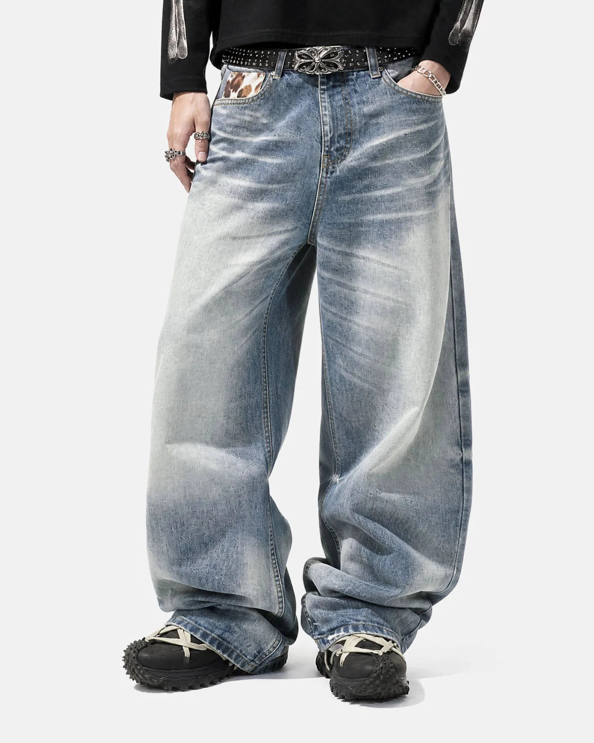 Omygoods Cow Print Patch Baggy Jeans